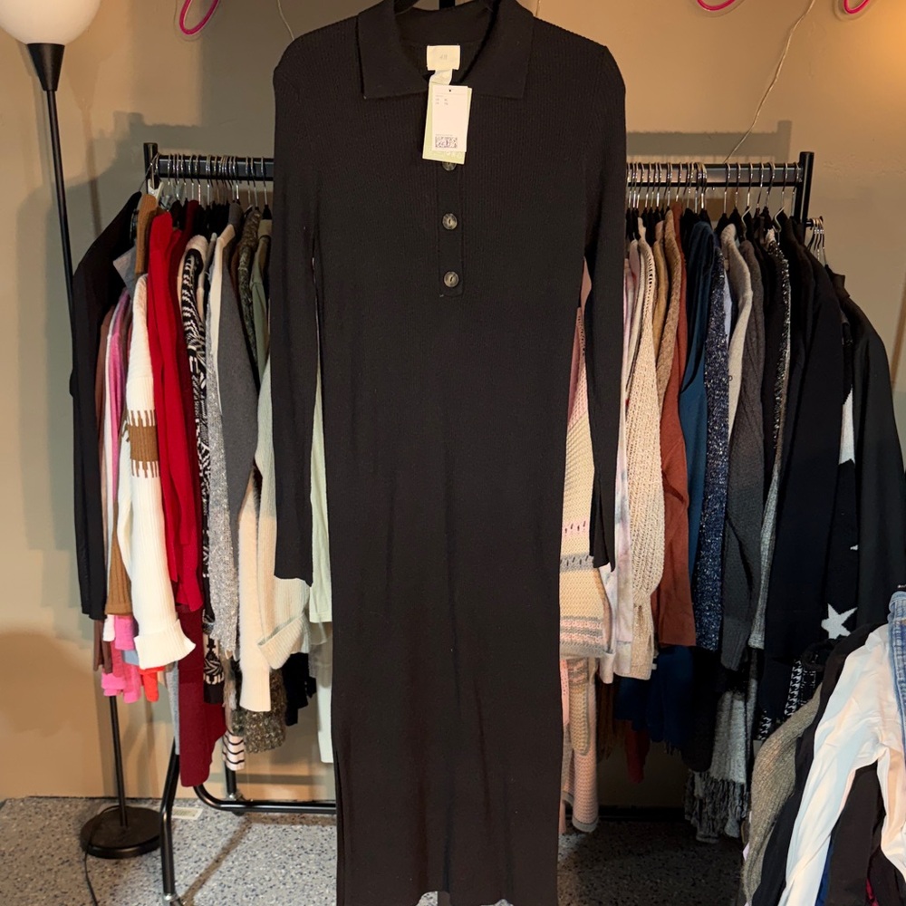 H&M Black Long Sleeve Ribbed Dress